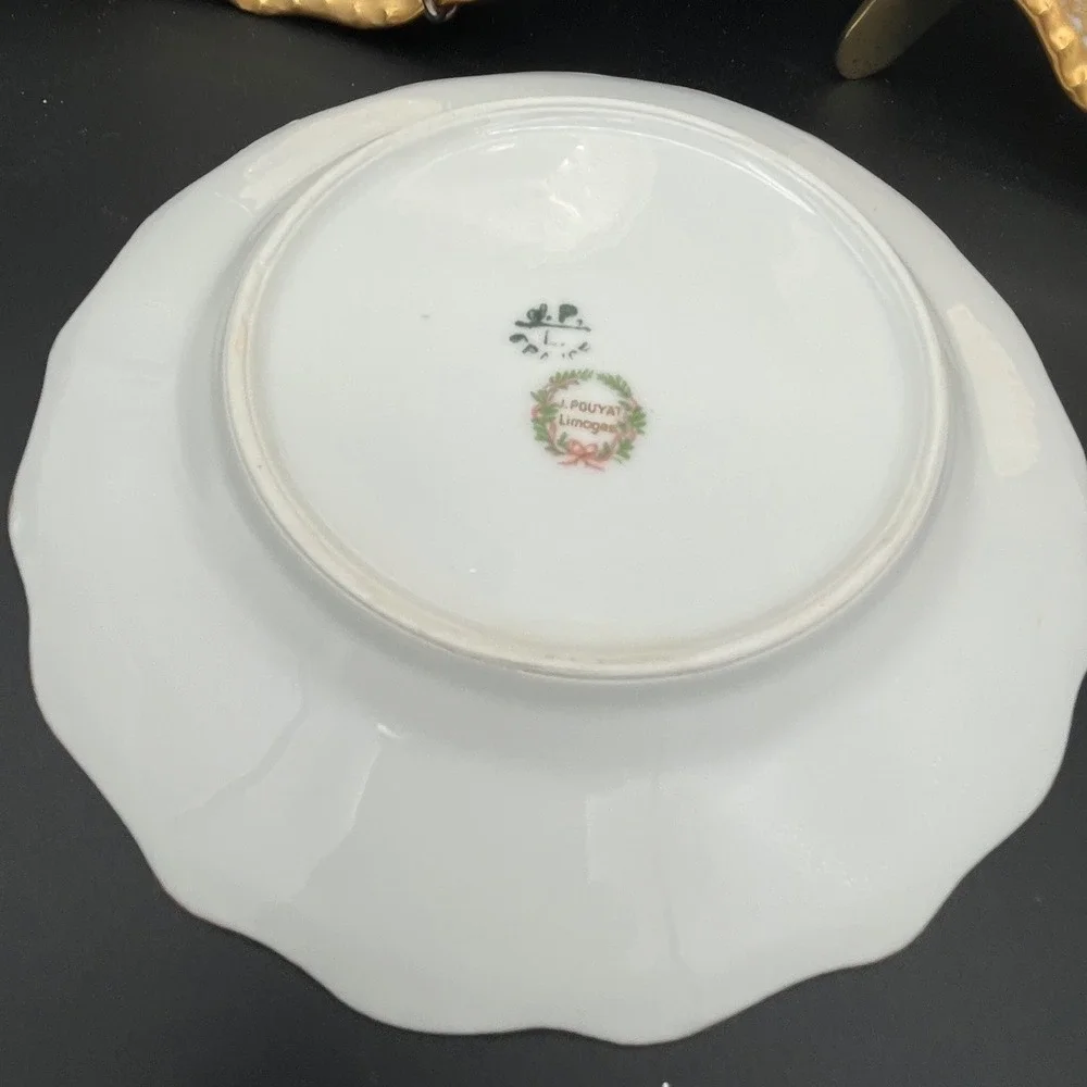 J Pouyat Limoges France Antique Gold Encrusted Scalloped Bread Plate White 6.25